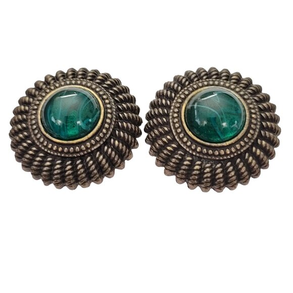 Ben Amun Flawed Emerald Green Glass Cab Clip-On Earrings, Signed E639 - Picture 2 of 14